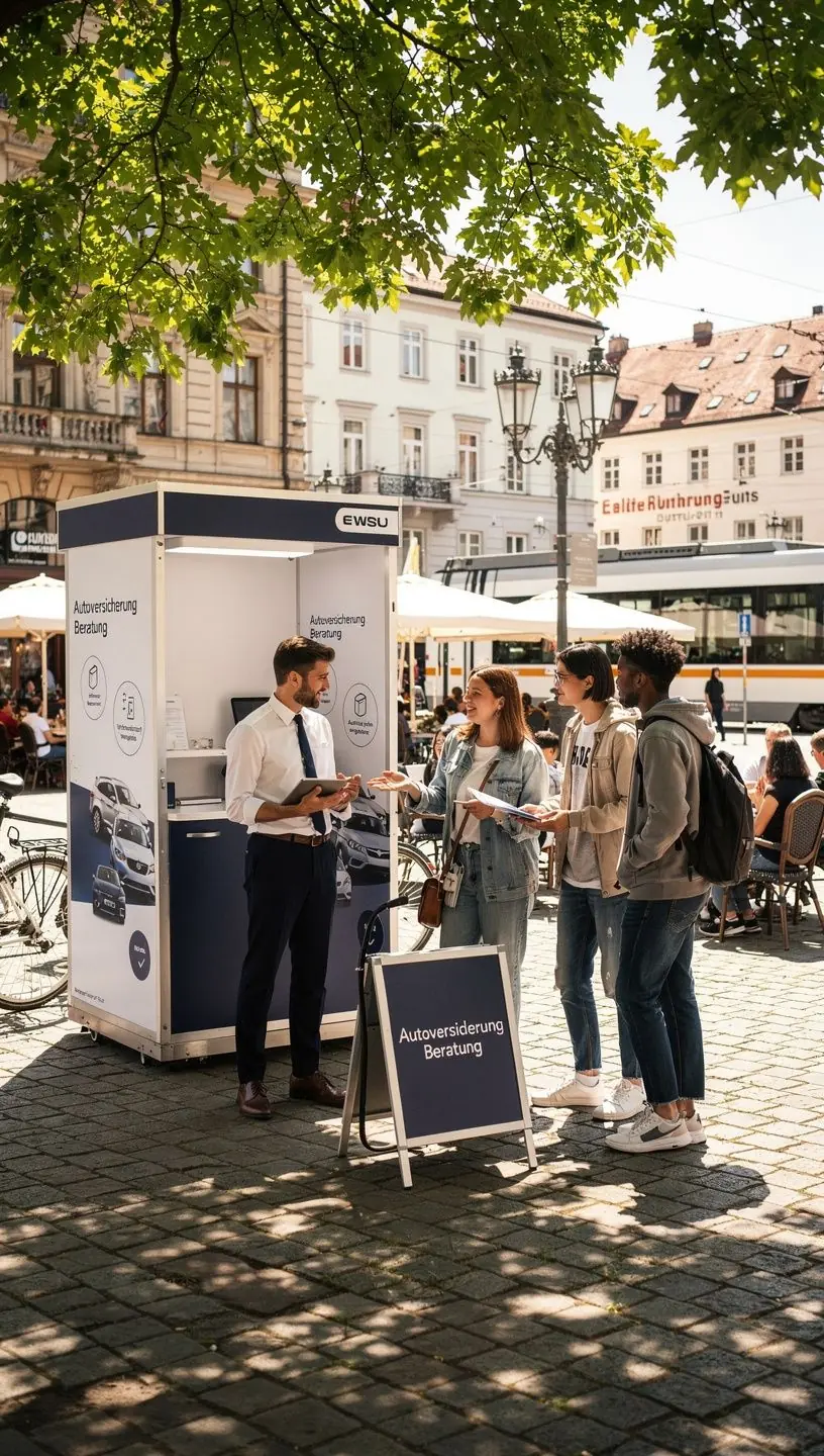 Professionelles Beratungsgespräch mit digitaler Risikoanalyse auf einem Tablet im modernen Versicherungszentrum.