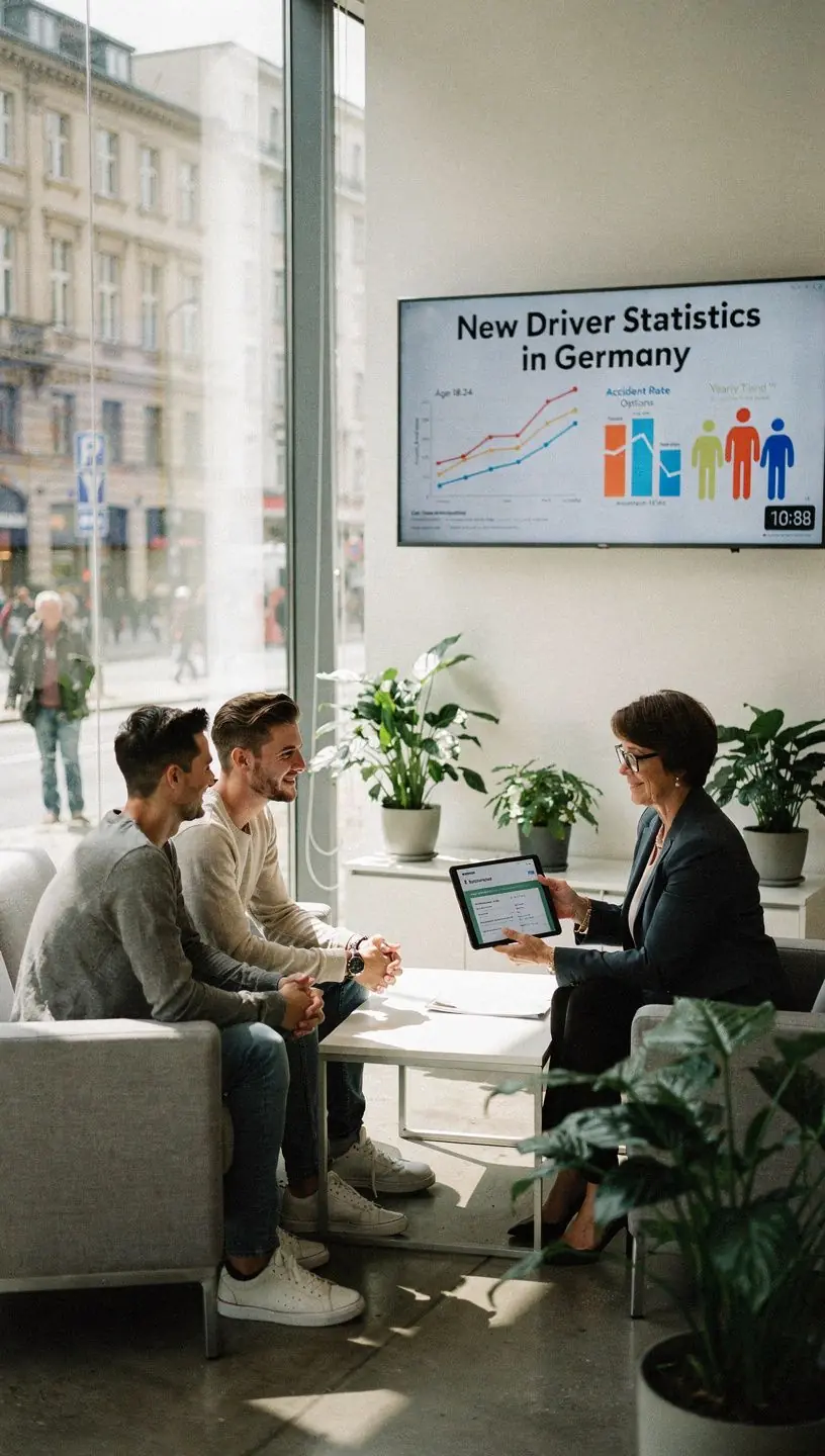 Beratungssituation in einem Versicherungsbüro für neue Autofahrer mit Fokus auf Risikoanalyse und individuelle Policenauswahl.
