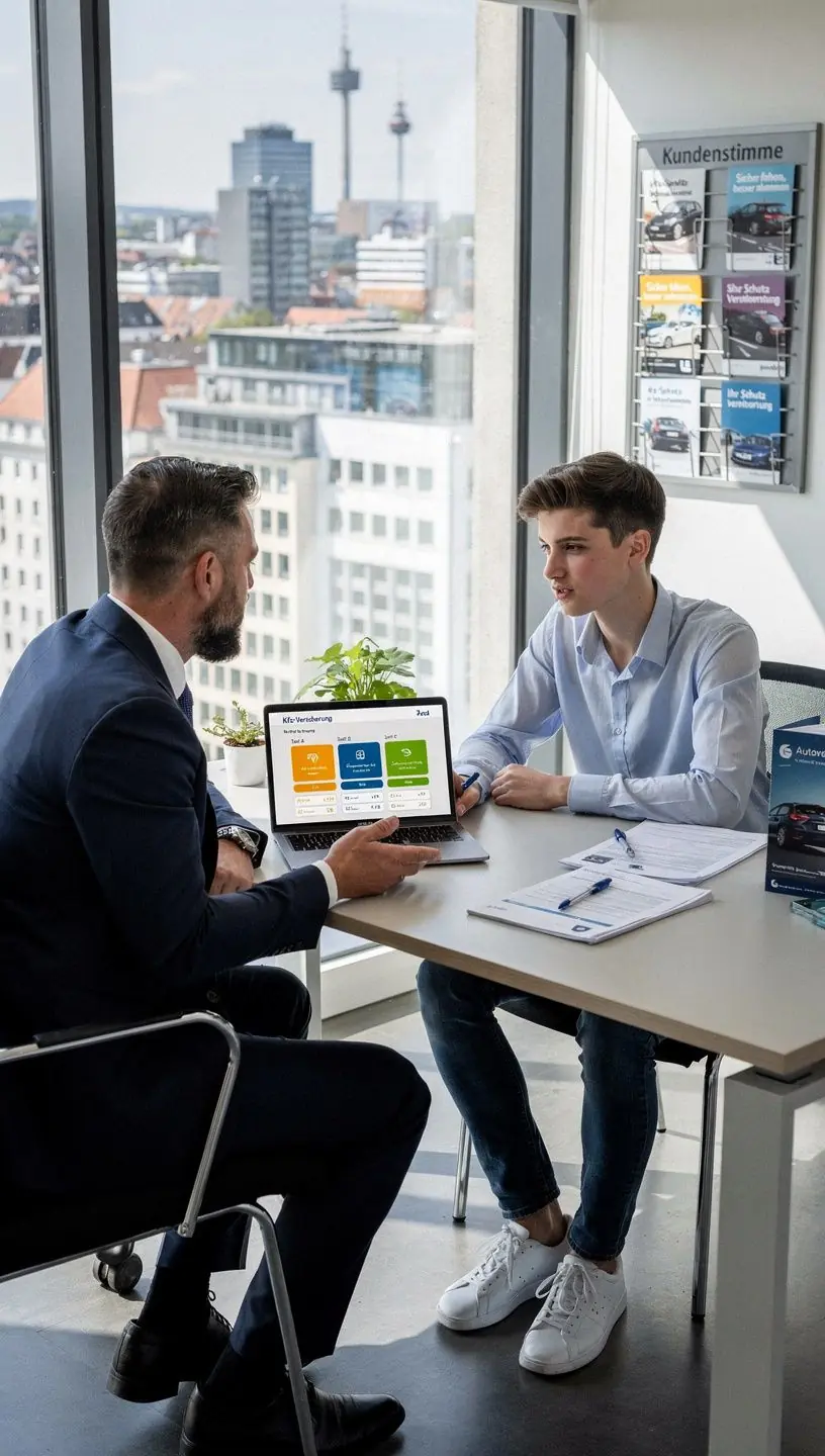 Illustration eines Fahrzeugs mit Symbolen, die verschiedene Risikofaktoren und Versicherungsoptionen visualisieren.